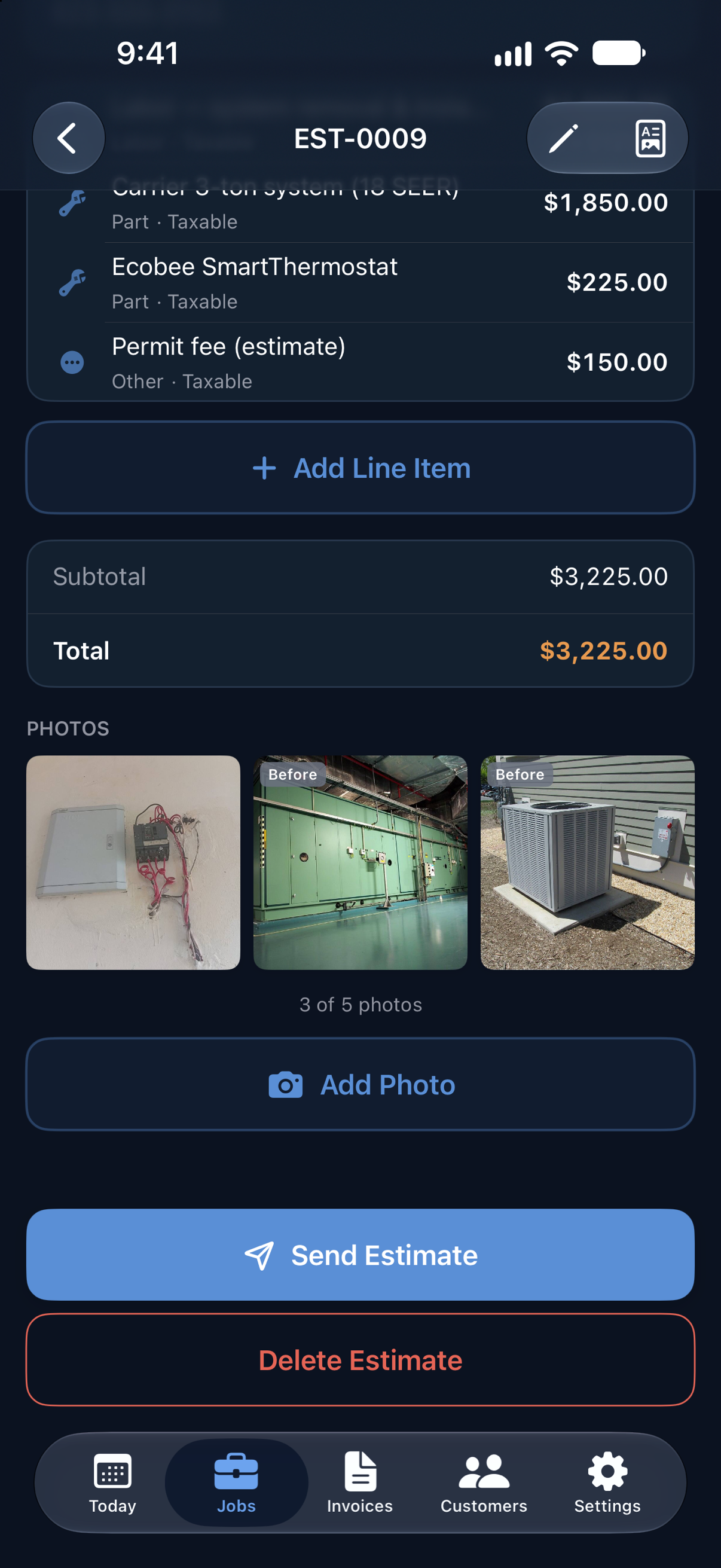 Logged app — estimate with site-visit photos