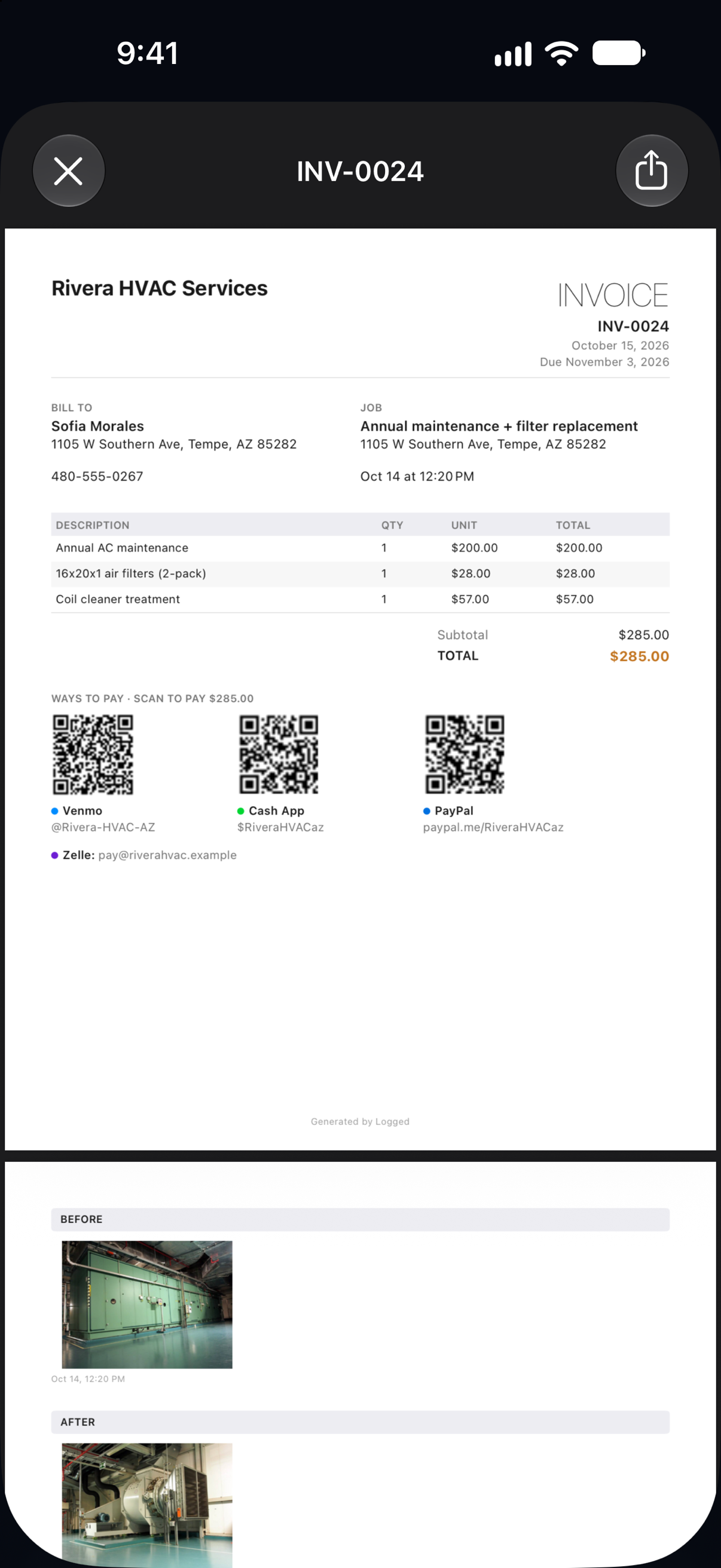 Logged app — invoice PDF with Venmo, Cash App and PayPal QR codes